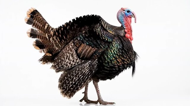 Wild turkey bird standing and flapping wings on white background in cinematic profile shot for thanksgiving marketing