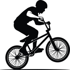 Fototapeta premium BMX rider performing a manual wheelie stunt trick silhouette vector illustration isolated on a white background