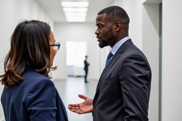 Fototapeta premium Businessman speaks to woman in modern office hallway