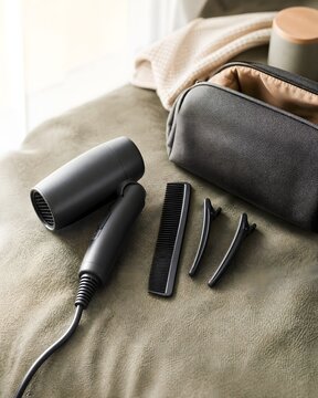 Black Hair Dryer and Styling Accessories on Soft Fabric Surface