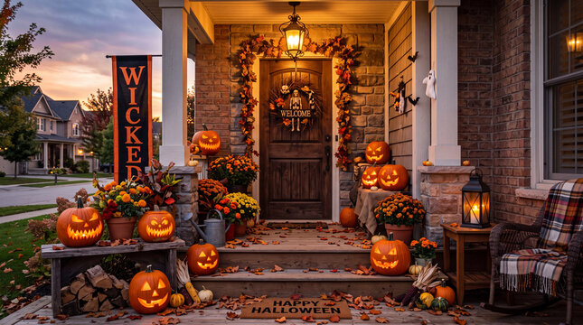 Cozy Halloween Front Porch with Glowing Pumpkins and Lanterns
