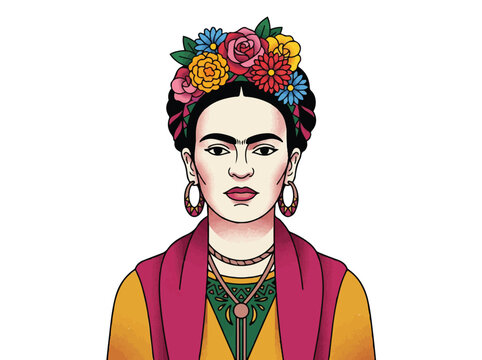 Mexican female artist portrait flat vector illustration for cultural heritage and feminism concept isolated on white background