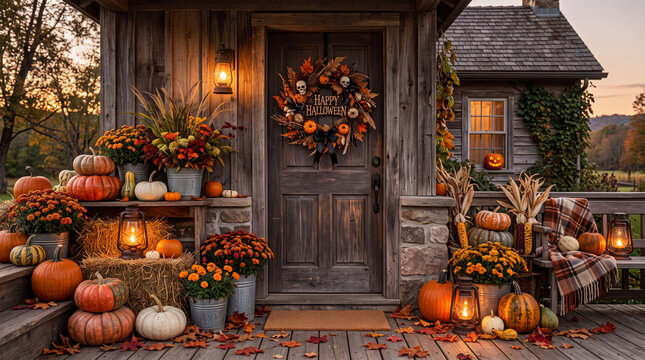 Rustic Farmhouse Halloween Porch with Autumn Decorations