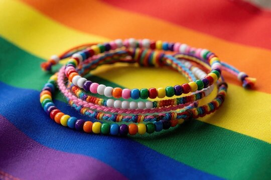 Rainbow friendship bracelets lay on pride flag. Handmade colorful bead accessories symbolize love diversity and equality. Pride month concept celebrates LGBTQ community.