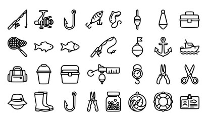 Fishing Line Icon Set with Rod Hook Fish Tackle Box Net and Buoy Editable Stroke Vector © MdAlAmin