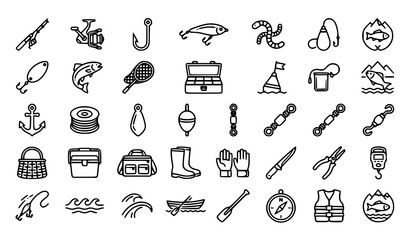 Fishing Accessories Line Icon Pack with Rod Reel Hook Fish and Outdoor Equipment Vector © MdAlAmin