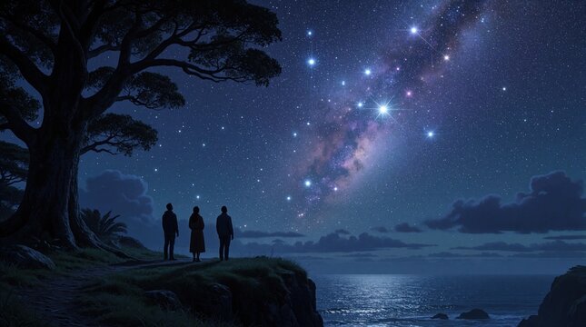 People admire starry night sky above ocean cliff. Silhouettes watch constellations under vast universe. Tree branches frame celestial galaxy view. Peaceful nightscape.