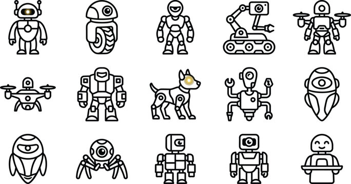 Set of Various Futuristic Robot Character Icons in Line Art Style.