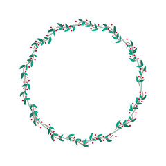 Naklejka premium Green Circle Border Frame With Floral Plant Leaves And Red Cherry Berries