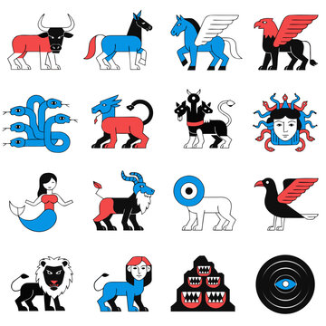 Minimalist flat vector icons of ancient Greek mythology creatures and legendary monsters