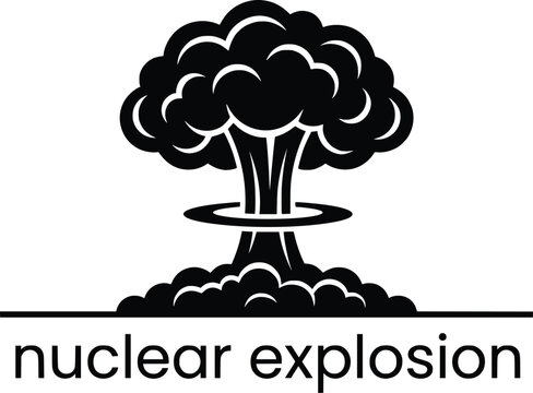 Nuclear explosion mushroom cloud icon, black and white atomic blast vector, stylized bomb detonation symbol for warning signs