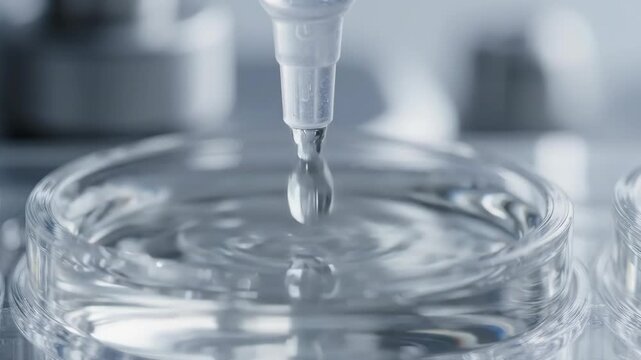Clear liquid drop falling from pipette into glass petri dish creating ripples in laboratory scientific research experiment environment