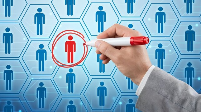 Human hand holding red marker circling specific person icon among network of blue employee symbols representing recruitment selection hiring talent human resources evaluation