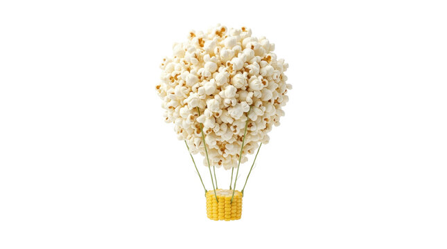 Popcorn hot air balloon floating with corn cob basket on a transparent png background