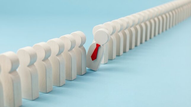 Wooden figures lined up in a straight row where one figurine wearing a red tie stands out as different breaking the uniform pattern to symbolize individuality and unique leadership