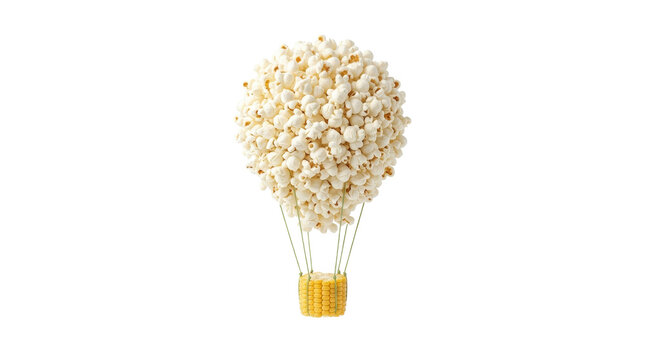 Artistic popcorn cluster as hot air balloon over corn on png background scene