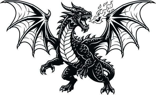 Powerful Black and White Dragon Vector Illustration Breathing Fire with Large Outspread Wings Perfect for Tattoos, Mascot Logos, Gaming, and Mythical Fantasy Designs
