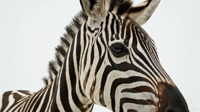 Extreme Close Up Zebra Head with Black and White Stripes Isolated on White Background