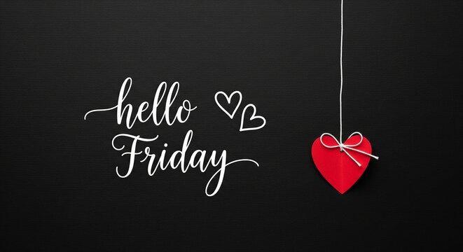 Hello Friday written message with a dangling red heart perfect for relaxing weekend celebration and happy lifestyle concept