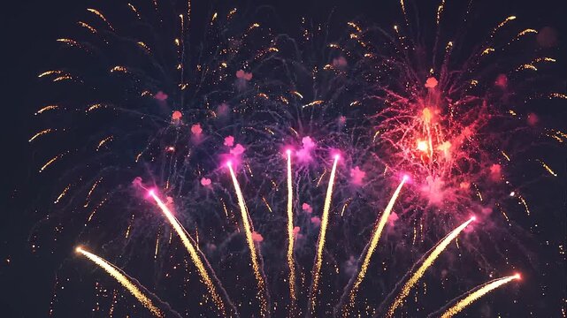 Colorful multi-color fireworks display exploding in night sky explosion pyrotechnics burst holiday background explosion pyrotechnics burst