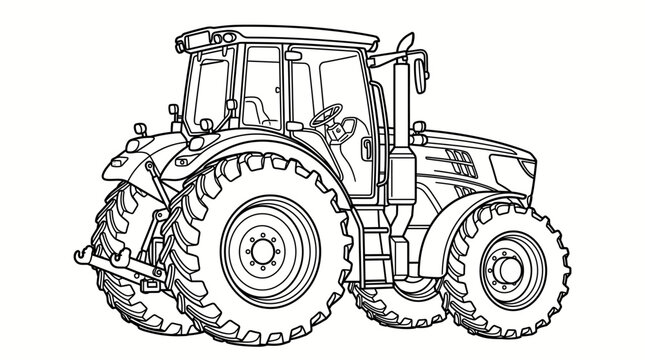 Detailed outline drawing of a modern agricultural tractor. Vector line art illustration. Isolated on a white background