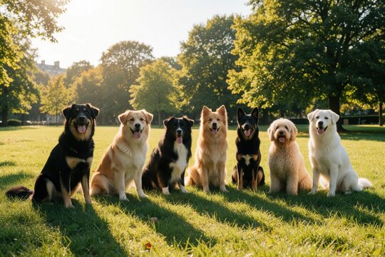 Seven diverse dog breeds sit together on a sunny park lawn. They pose on green grass surrounded by trees creating a peaceful outdoor scene. This group enjoys time together in nature.