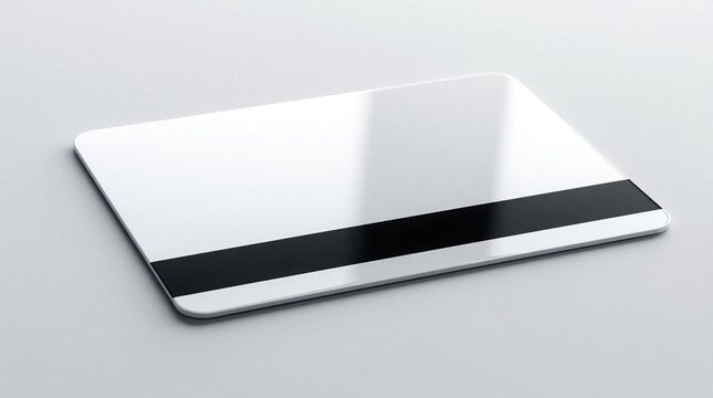 Blank glossy white plastic card with black magnetic stripe lies on grey surface. Modern rectangle object for financial payment corporate identification. Sleek pro design template for bank access