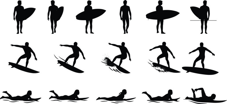Collection of male surfer black silhouette icons riding waves and holding surfboard for beach