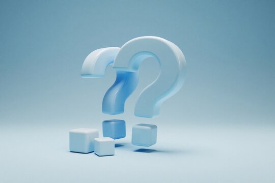 Three dimensional question marks float above small cubes against a soft blue background. Conceptual representation of inquiry, problem solving, or seeking answers.