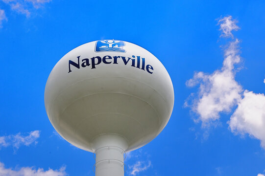 Resembling a golf ball on a tee, a large water tower in a southwestern suburb of Chicago clearly identifies its location. Naperville is the third largest community in Illinois.