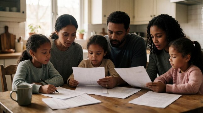 African American family sits at kitchen table reading papers together. Parents, three young daughters focus on documents for school household tasks. Warm domestic scene shows learning bonding,