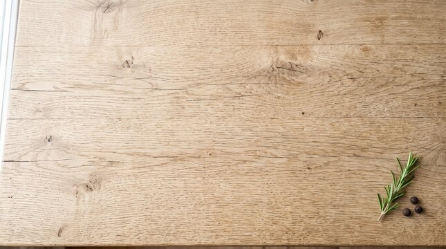 Light Wood Background with Fresh Rosemary and Black Peppercorns