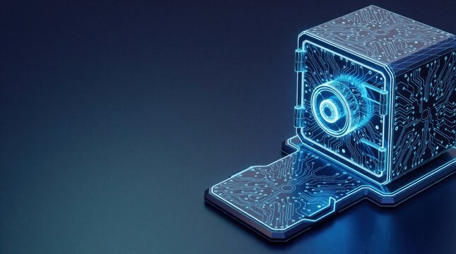 Glowing holographic safe box shows digital protection concept. Blue light circuit board pattern covers metal vault for data storage. Futuristic 3D graphic represents cyber security system, network