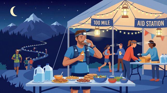 Man drinking water at aid station during ultra distance trail run in mountain landscape