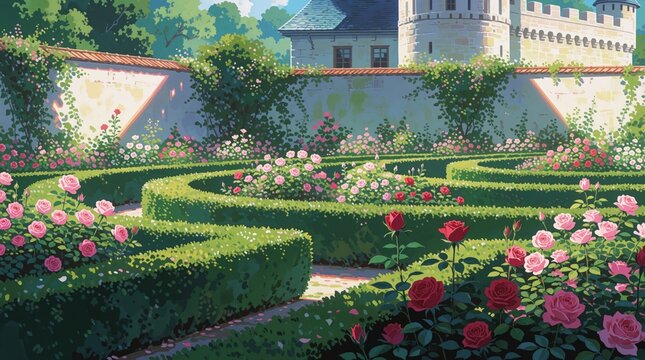 Cartoon illustration of castle garden with blooming red pink roses. Labyrinth path winds through green hedge maze near old stone wall. Sunlight illuminates beautiful park flowers during summer day.