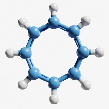 Cyclohexane molecule chemical structure with blue carbon atoms and white hydrogen atoms. Cyclic alkane C6H12 displayed in 3D with bonds. Organic compound model.