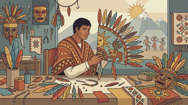 Man crafting traditional Andean art in vibrant festival setting with cultural elements
