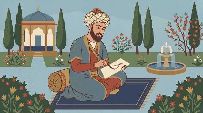 Man painting traditional Azerbaijani miniature art in a serene garden setting