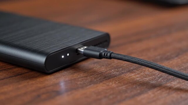 Power bank portable charger usb c cable battery pack charging device with braided cable closeup black desk and male hand connecting sleek portable