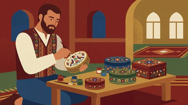 Man painting traditional Azerbaijani miniature art in a cozy workshop setting