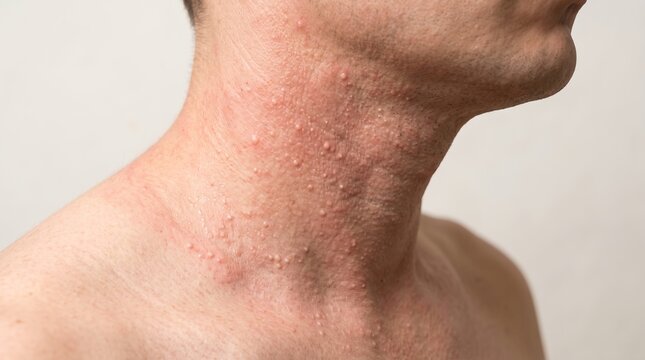 Close Up Side View of Allergic Skin Rash with Papules and Pustules on Male Neck