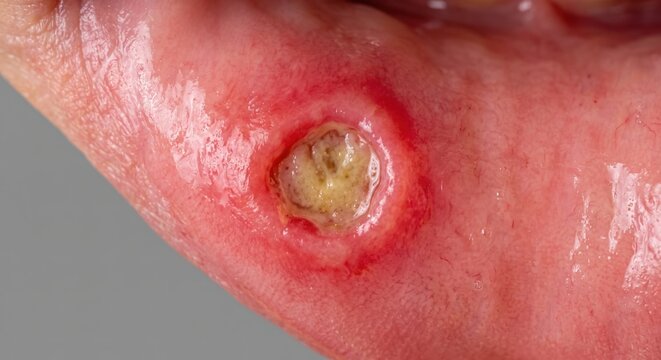 Macro Close Up Shot of Painful Aphthous Ulcer Canker Sore Inside Human Lip