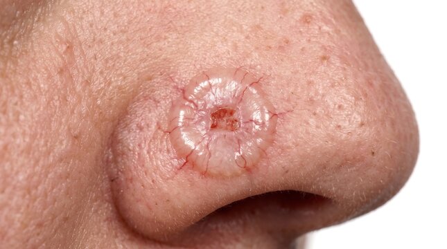 Macro Close Up of Basal Cell Carcinoma Ulcerated Lesion on Human Nose Wing