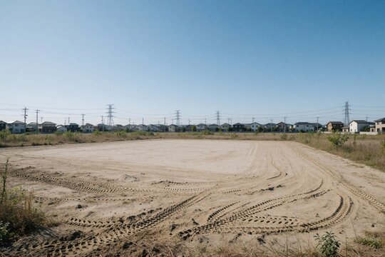 Cleared construction site with tire tracks under clear blue sky. Houses and power lines form horizon background. Future development begins on empty land.