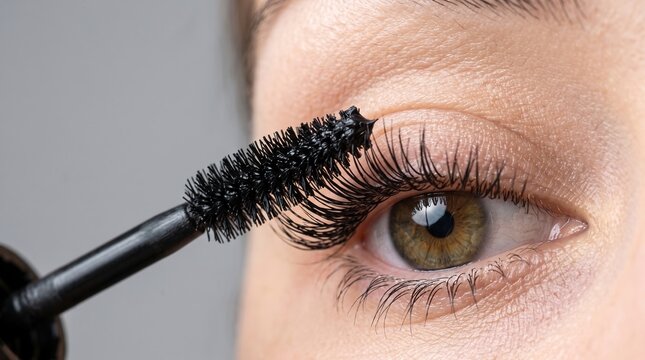 Macro Close Up of Applying Black Mascara to Eyelashes with Spoolie Wand