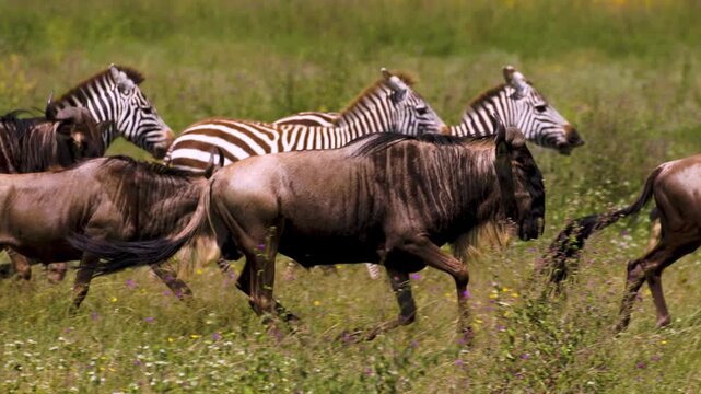 Herd of wildebeest and zebras running through green savanna plains