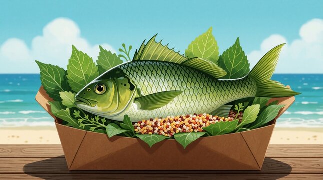 Fresh whole fish rests inside brown cardboard box with green herbs, colorful grains on wooden surface. Blue ocean horizon background creates bright summer atmosphere. Pro culinary illustration