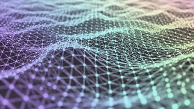 Purple glowing digital wireframe topographic mesh.