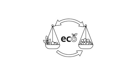 Obraz premium Eco balance scale with plants and fruits, arrows indicating cycle, concept of sustainability