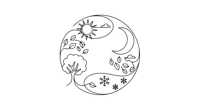 Circular icon representing seasons: sun, moon, tree, leaves, snowflake, clouds